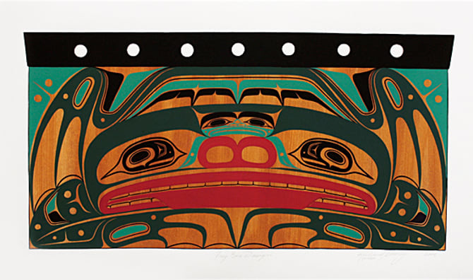 The Frog Design by Richard Shortly  Image: Frogs generally represent good luck to the Northwest Coast peoples and it was not considered wise to demean or injure them.  Many frog stories abound including a well-known Tlingit story about how frogs became widespread throughout the northwest.  It has to do with a chiefs’ daughter who made fun of them and was tricked into going to the village of the frog people under the lake by a frog masquerading as a handsome man.  She married him and bore him children and in order to get her back, her father’s village drained the lake, scattering frogs in every direction