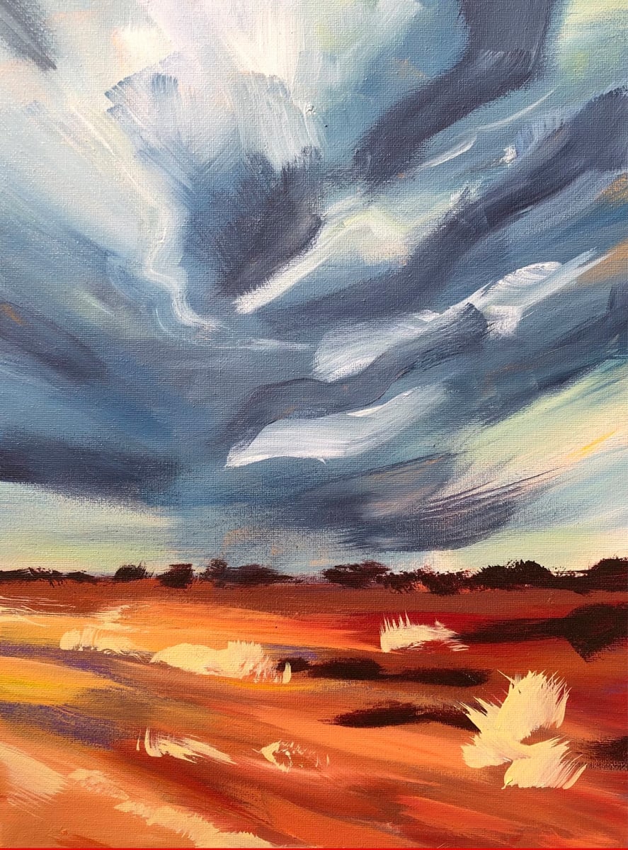 Desert Landscape by Vicki Bosisto  Image: Amidst the vast desert expanse, sunlight dances on the sands as storm clouds gather, casting an ominous yet breathtaking contrast of light and shadow. Nature's drama unfolds in the heart of the Outback.