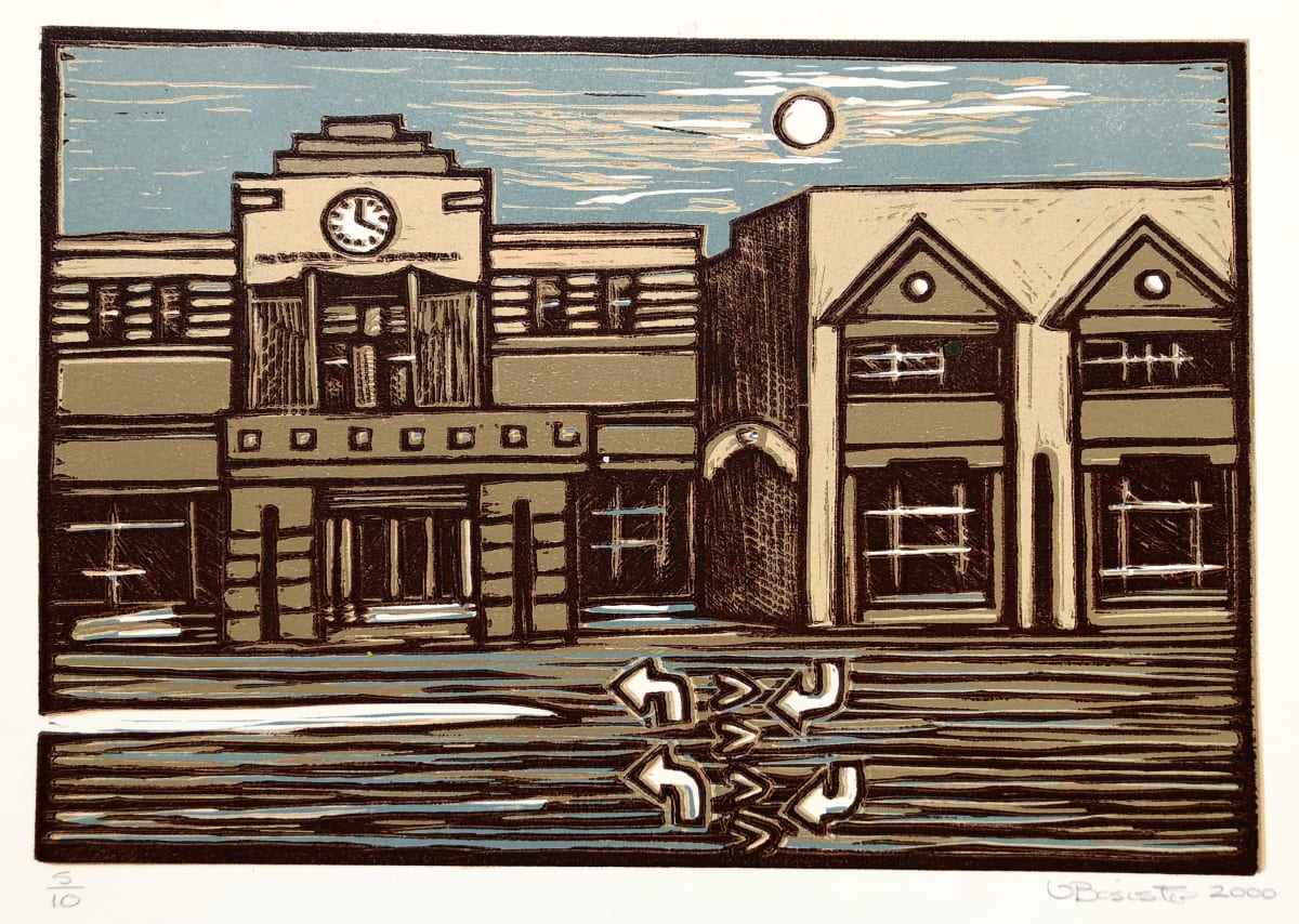 Old Civic Hall, Port Lincoln by Vicki Bosisto  Image: Lino Print capturing the Old Civic Hall. The facade survived the renovations. Will it survive another?