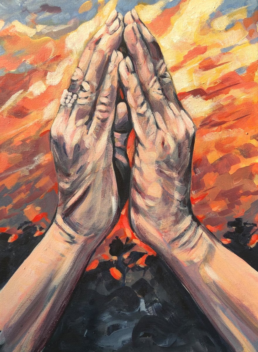 Bushfire by Vicki Bosisto  Image: In prayer, we find solace, standing resolute as fire rages, symbolising hope's triumph over adversity.