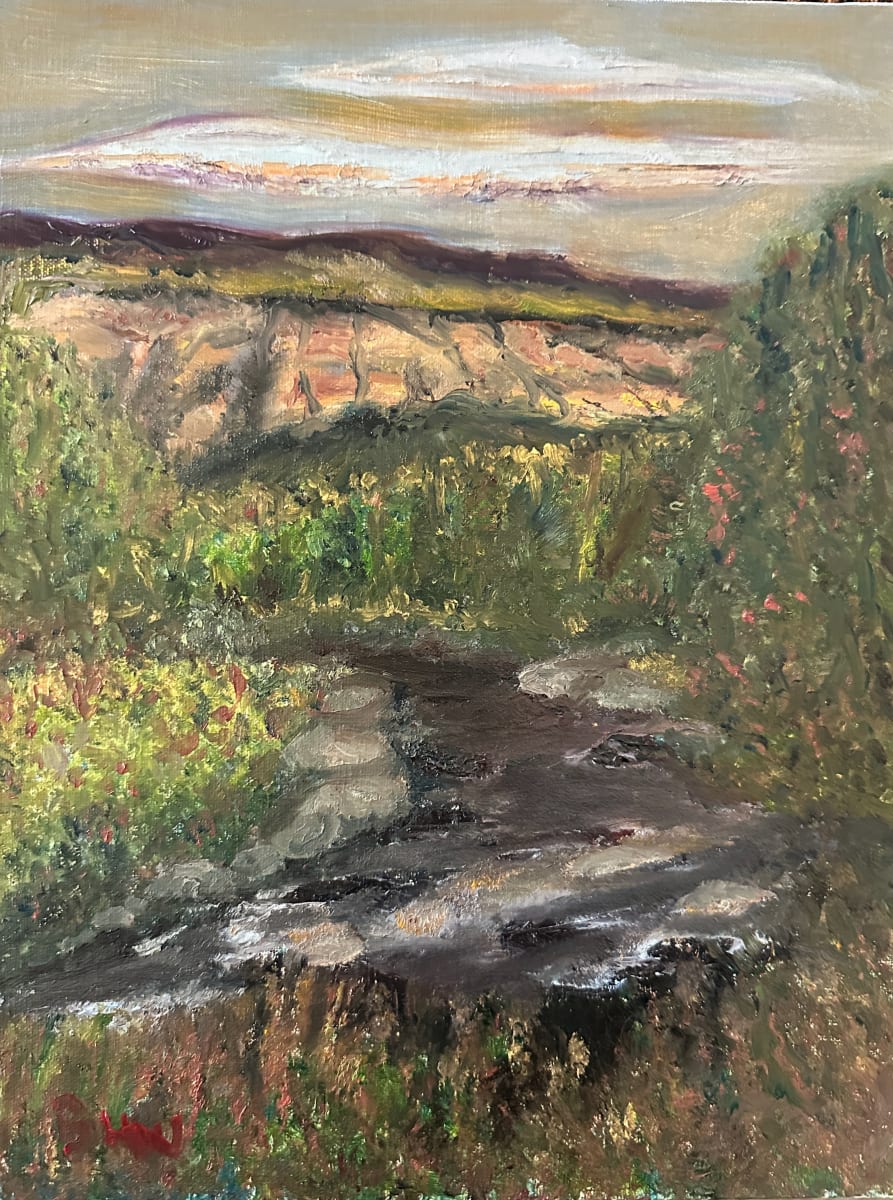 Big T in the Morning by Brian Hugh Wagner  Image: The Big Thompson River meanders through lush greenery, leading the eye towards distant hills under a subdued sky. The strokes are expressive, suggesting a rich tapestry of foliage and a sense of tranquility in a natural landscape.