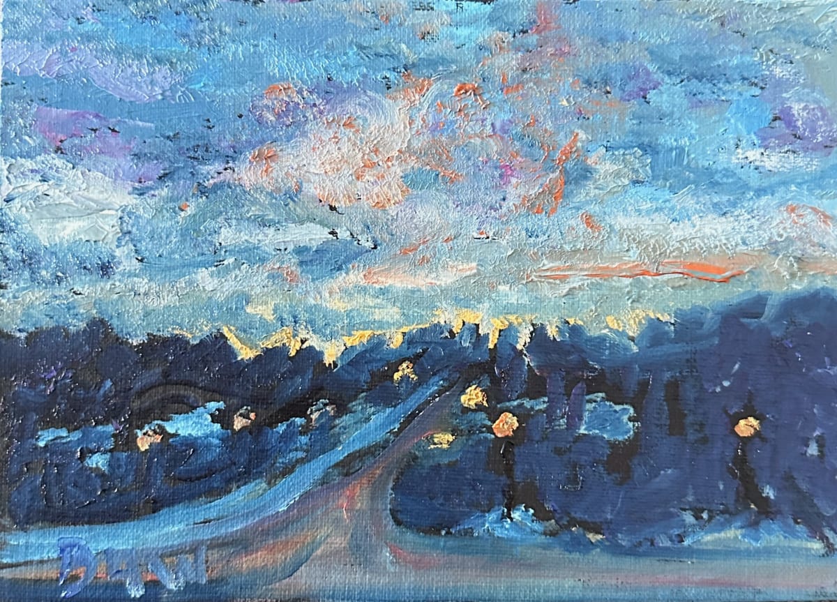 Daylight Savings by Brian Hugh Wagner  Image: Vibrant brushstrokes capture a picturesque twilight sky over a serene urban landscape. Hues of blue dominate the scene, with touches of white, yellow, and pink in the clouds, reflecting the last light of day.