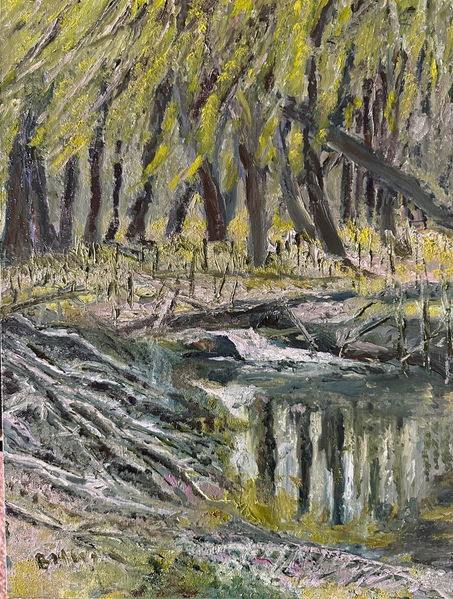 Dry Creek by Brian Hugh Wagner  Image: Impressionistic brushstrokes capture a wooded landscape that seems to be reflected in the waters of a tranquil pond. Various hues of green, brown, and yellow give life to the foliage and the forest floor, creating a serene natural setting.