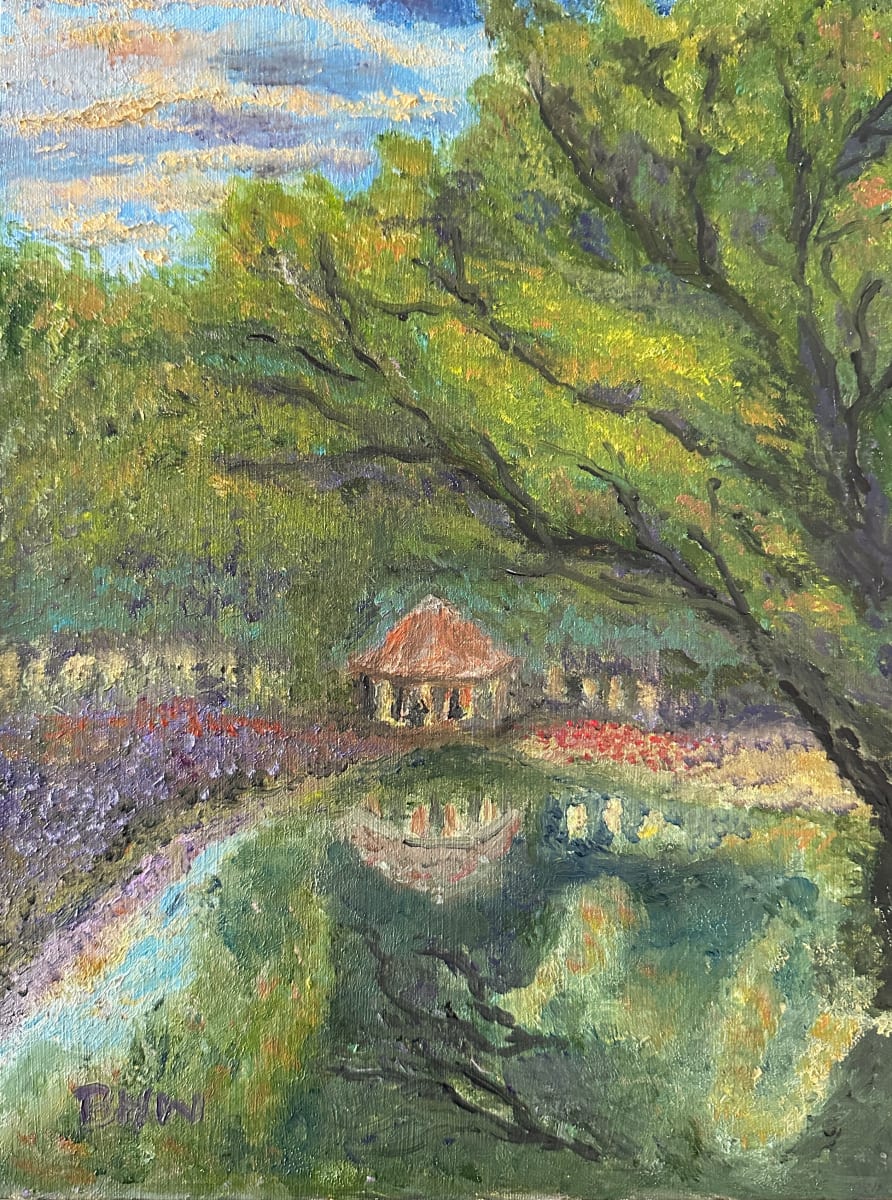 Evening Ponder by Brian Hugh Wagner  Image: A serene scene depicts a gazebo by a pond, surrounded by vibrant greenery and colorful flowers. The reflection of the gazebo in the water enhances the tranquility of the setting.