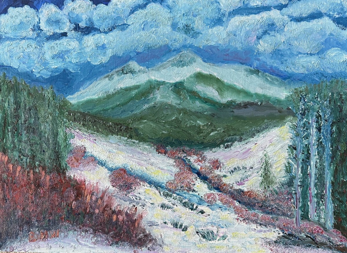 Head Waters by Brian Hugh Wagner  Image: A vibrant landscape depicts a mountainous backdrop under a sky filled with heavy clouds. Dense forests flank a meandering snow covered riverbed, leading through a valley downstream from the high mountain peaks.