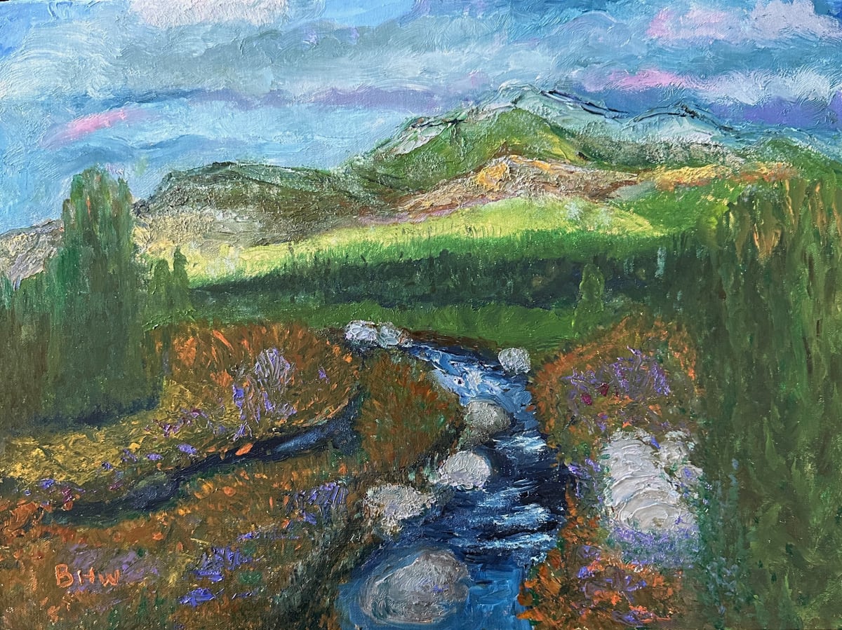 High Lights by Brian Hugh Wagner  Image: Vivid colors bring to life a serene landscape featuring a mountain backdrop and a meandering stream amidst flowering fields. Broad brushstrokes and a vivid palette convey the lushness of the natural setting, with shades of green, purple, and blue dominating the scene.