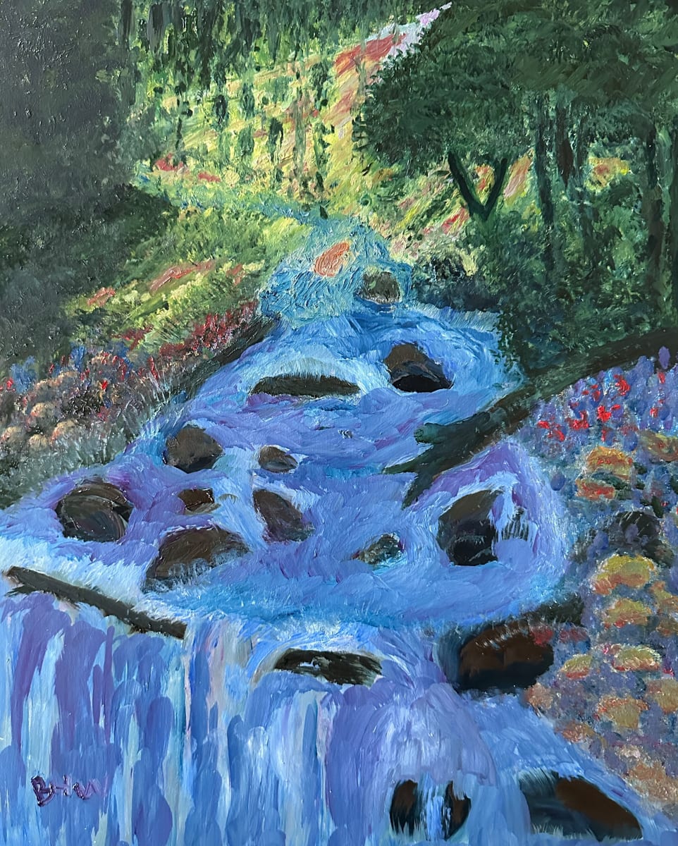 Hiker's Reward by Brian Hugh Wagner  Image: Vibrant blue hues dominate a depiction of a stream cascading through a natural landscape. Sunlight filters through the trees, touching the water and the flora surrounding the stream, adding a sense of light and warmth to the scene.
