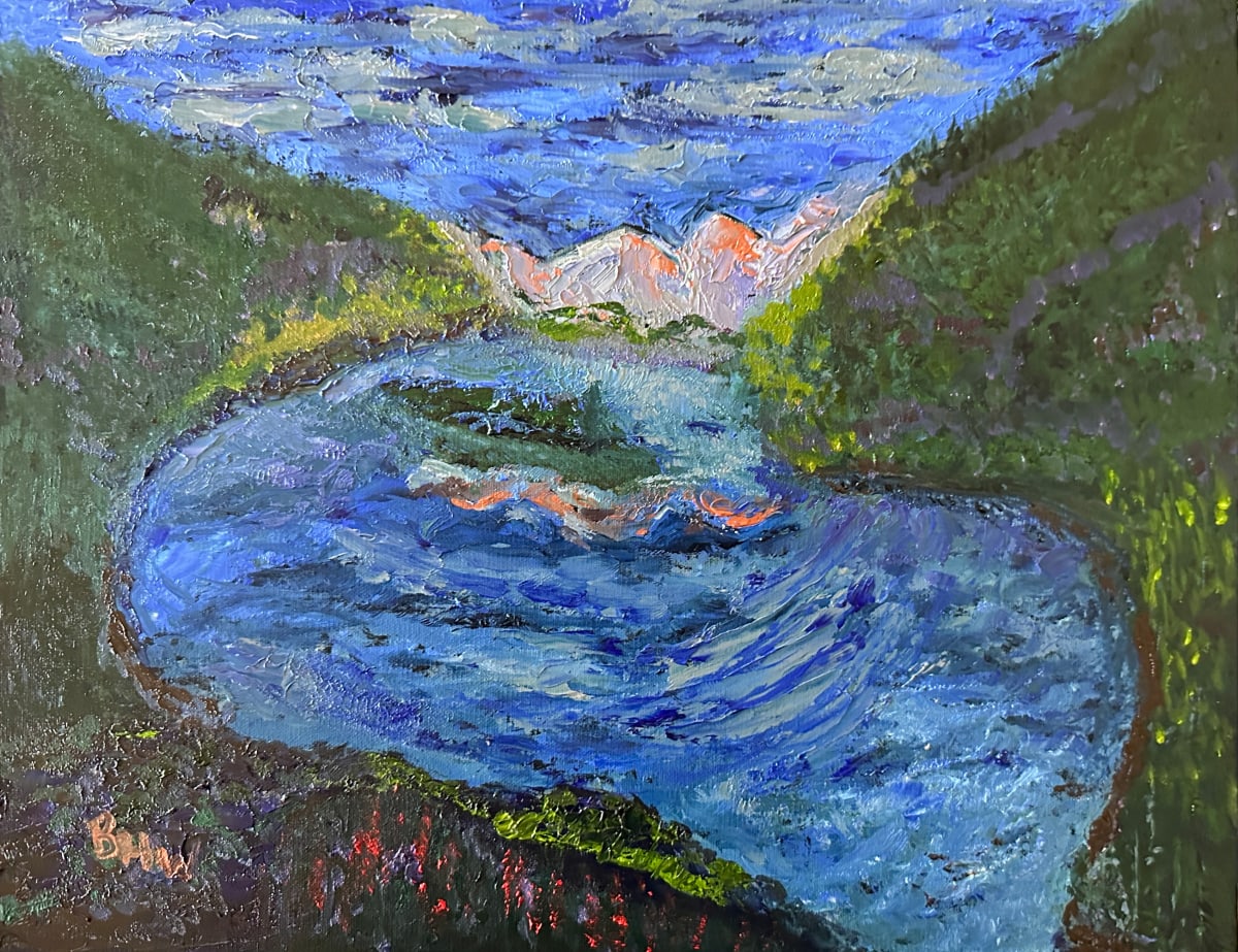 Blue Lake Light by Brian Hugh Wagner  Image: A vibrant landscape depicts a lake in shades of blue, surrounded by lush greenery with a mountain backdrop under a light sky. Vivid brush strokes and bright colors give a sense of movement to the water and texture to the surrounding nature.