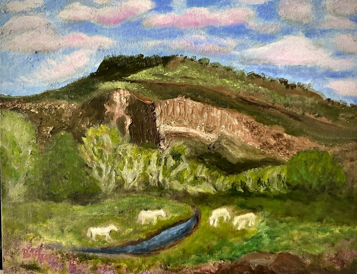 Four Horses by Brian Hugh Wagner  Image: A scenic landscape is depicted with a blue sky dotted with clouds above a bluff overlooking an open sap green pasture. There is a small river winding through the greenery and four white horses grazing near the water.
