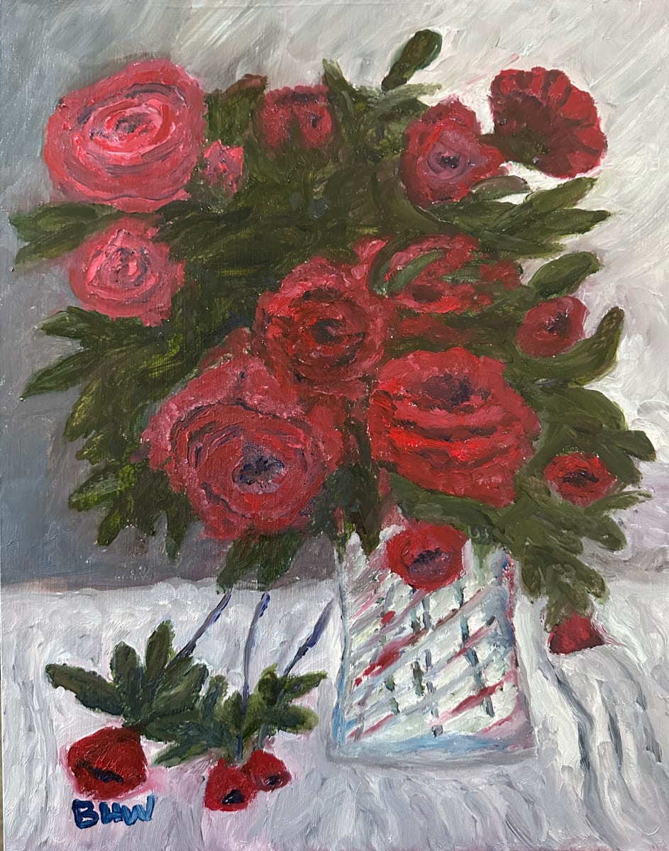 Freshly Cut by Brian Hugh Wagner  Image: The artwork presents a vibrant bouquet of vividly red flowers nestled in a clear, patterned vase. Dominating the composition, the red blooms contrast boldly against the subdued, neutral background, creating a focus that immediately draws the viewer's eye. The use of green for the leaves adds an organic, natural touch that balances the intensity of the reds. The vase itself, depicted with diagonally crossed patterns, enhances the complexity and texture of the piece.