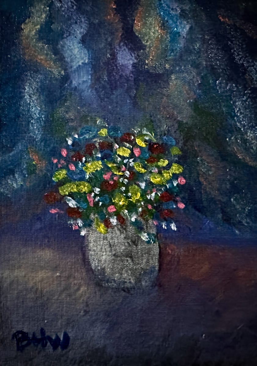 Flowers on Stage by Brian Hugh Wagner  Image: A dream state scene is shown with multi-colored flowers in a large vase. The background is in a colorful haze, which reflects the colors in the dream.