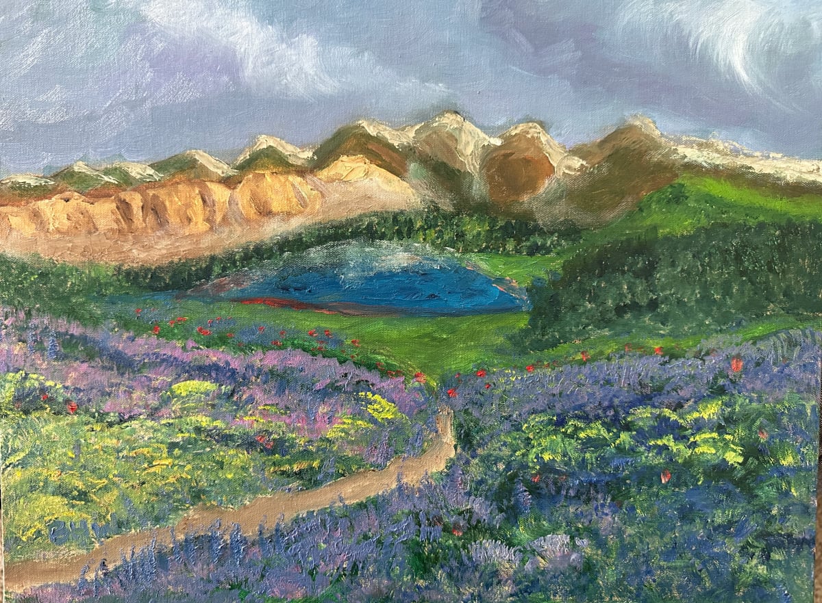 Livestock Pond by Brian Hugh Wagner  Image: Vivid brushstrokes capture a natural scene featuring a livestock watering pond, used by cattle and wild creatures. Surrounded by lush greenery and colorful flowers, the water is rendered in shades of purple and blue, suggesting a tranquil yet surreal landscape.