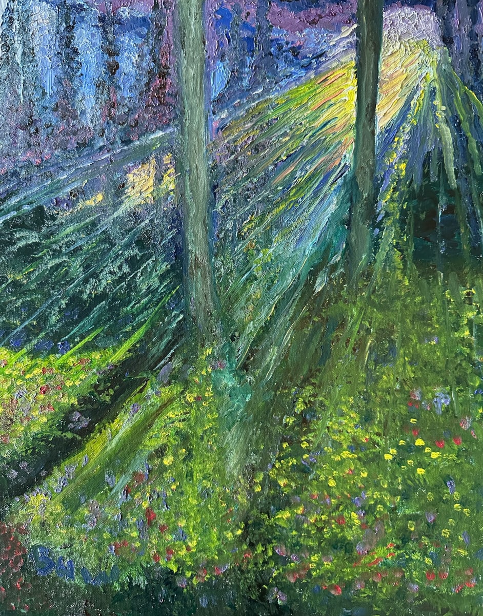 Light Shower by Brian Hugh Wagner  Image: “Light Shower” depicts a colorful sunset spreading light rays through the filter of a lush green forest. The shadows create a dramatic landscape scene.