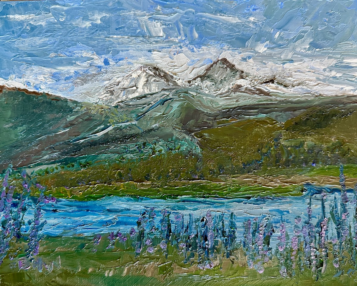 Long's Peak from Wilson Ave by Brian Hugh Wagner  Image: Vibrant strokes of blue and green create a lively landscape dominated by a snow-capped Colorado's Long's peak in the background, as viewed from a location in Loveland. A serene lake reflects the mountain sky, while a field of cottonwood trees adds a touch of color to the foreground. This was a quick palette knife, plein air capture using a knife due to rapidly changing conditions. Finishing touches were with a brush in the studio.