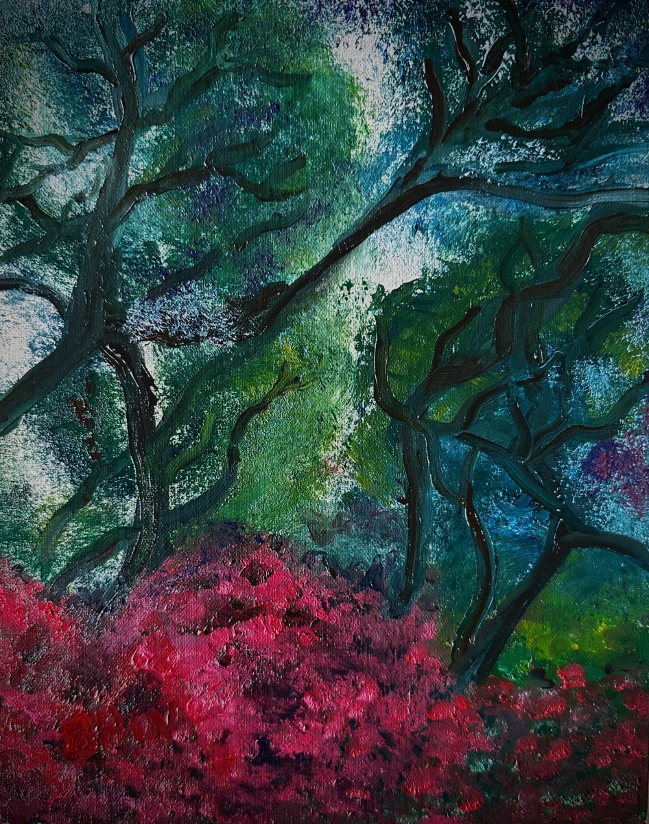 Mill Valley Forest by Brian Hugh Wagner  Image: nspired by a walk in the woods near Mill Valley CA. The oak forests are thick and full of light breaking through the curvaceous dark branches and foliage. I looked up, and found this view of color and light.