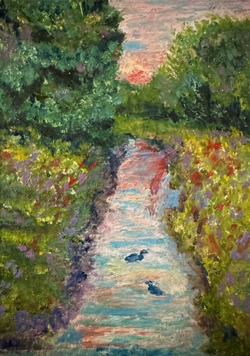 Morning Ducks by Brian Hugh Wagner  Image: Morning Ducks depicts a serene landscape featuring a narrow, winding stream flanked by lush greenery on both sides. The foliage is rendered in a rich mix of natural hues, with diverse shades of green, purple, and red flowers adding vibrancy and life to the scene. The water itself is reflective, and the reflections of some elements above are subtly portrayed.