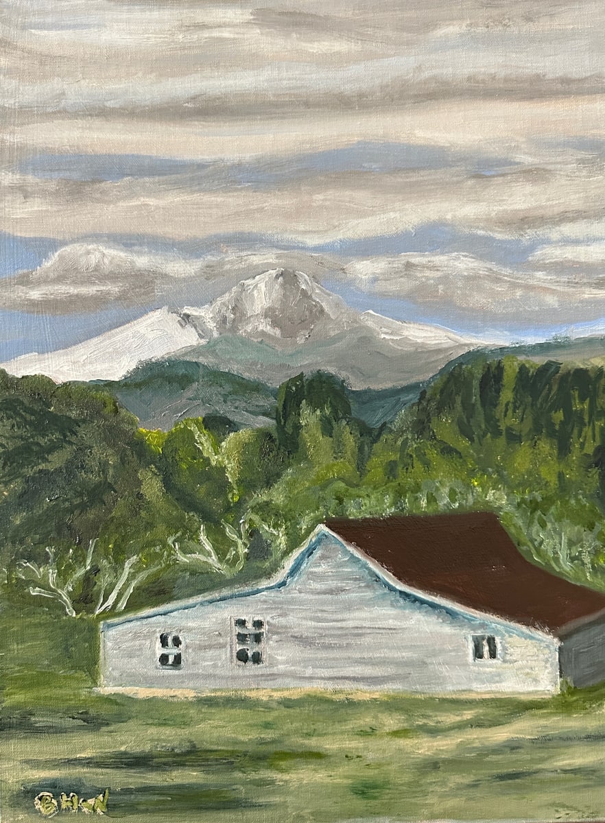 Namaqua Park Barn by Brian Hugh Wagner  Image: A snow-capped mountain majestically rises behind a dense forest, overlooking an old white barn with a dark red roof. Stratus clouds scatter across the sky, casting a tranquil mood over the serene landscape. This piece was inspired by my photos of historic Namaqua Park. Namaqua was a village and stop-off location for migrants on the Oregon Trail.