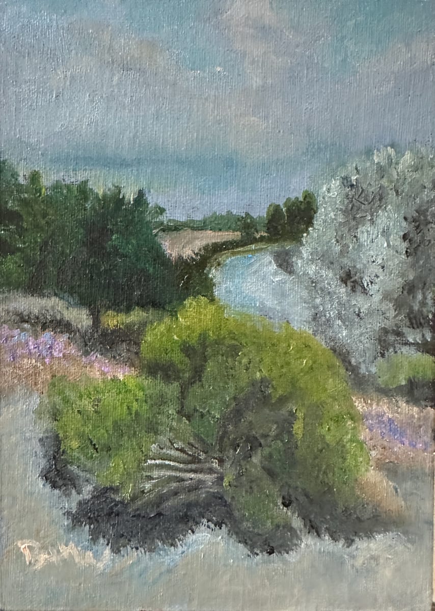 Ninety Eight Degrees by Brian Hugh Wagner  Image: A serene landscape features a winding river, lush greenery, and a hazy sky. Various shades of green and blue dominate the scene, suggesting a tranquil, natural environment. This painting was inspired by a blistering hot walk around River Bend Natural Area near Ft. Collins. The heat was nearly unbearable as the smoke from a nearby wildfire flattened the mid-day sunlight. I’ve attempted to capture the strange light in this small sketch.