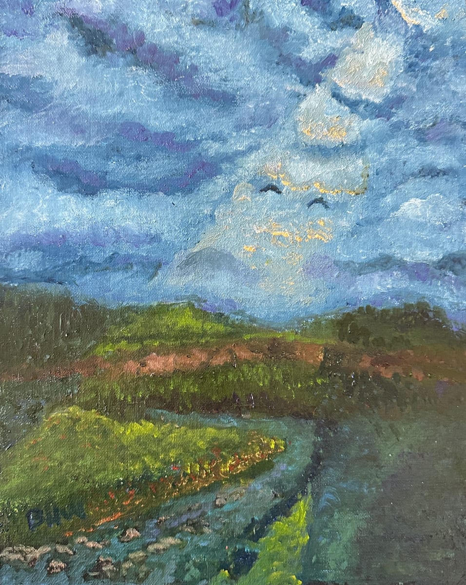 River Hawks by Brian Hugh Wagner  Image: A serene landscape shows a winding river flowing through lush green fields under a cloudy sky. The vibrant colors and dynamic brushstrokes capture the essence of nature and the play of light.