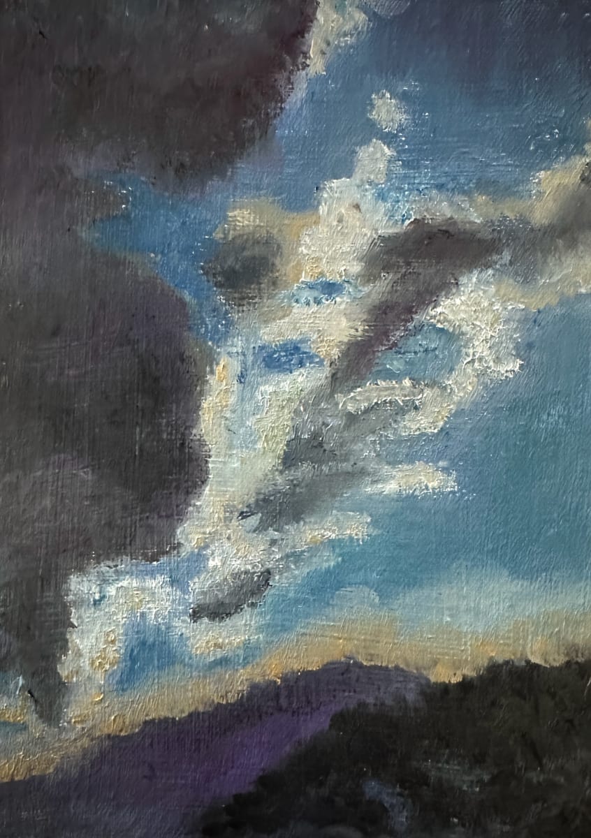 Sky Pilot 2 by Brian Hugh Wagner  Image: Part 2 of a diptych set. Original sold as set of two. Dark storm clouds merge with bright, billowing clouds against a vibrant blue sky. The horizon shows the silhouette of a landscape, contrasting the vivid sky above.