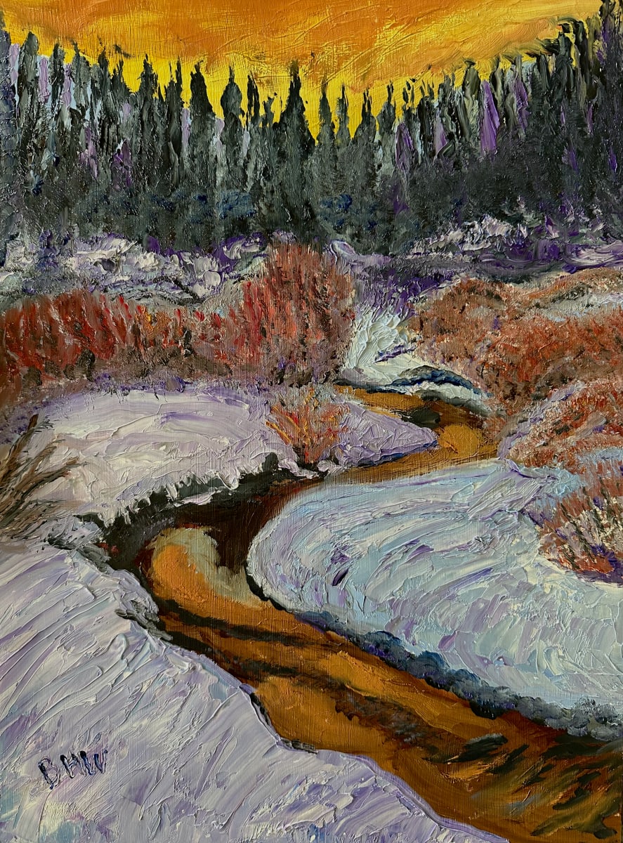 Sunset River by Brian Hugh Wagner  Image: Driving home to Evergreen CO for years, I had this view available near Upper Bear Creek, which flowed into Evergreen Lake. The light reflection in this painting reveals the multiple landscape colors in my interpretive mind. 