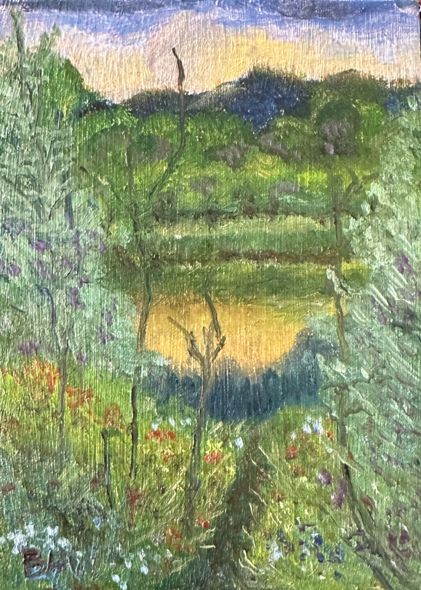 Sunset at Old St. Louis by Brian Hugh Wagner  Image: A peaceful green landscape features a small pond reflecting the warm colors of the setting sun, surrounded by lush vegetation and wildflowers. The scene is set against a backdrop of gently rolling hills under a twilight sky.