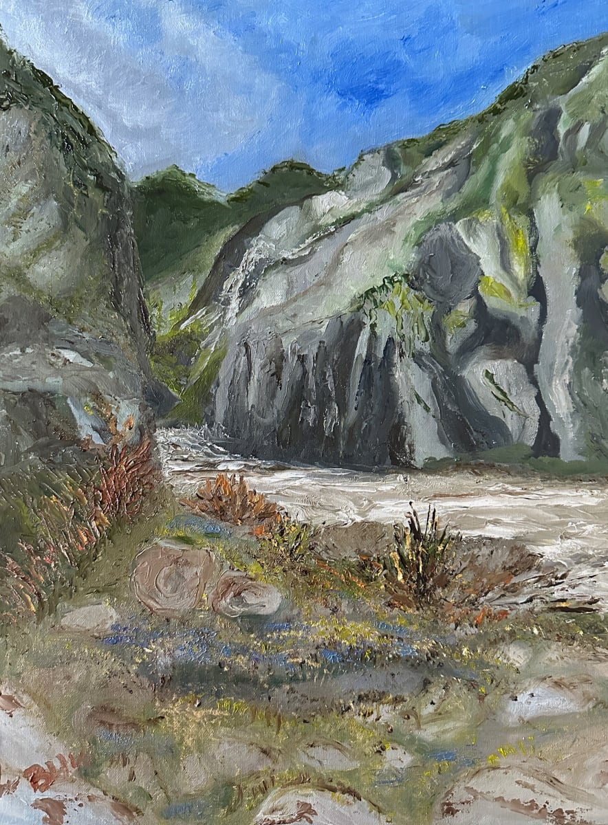 The Big Thompson by Brian Hugh Wagner  Image: The Big Thompson River's spring mud churns through the roaring water, as the canyon echos the sounds of the rapids. The canyon surrounds in gray, burnt umber, and sap green and cobalt yellow. The cobalt blue cloudy sky lights the scene with some of the terrain intermittently shaded by the clouds that are high in the sky.