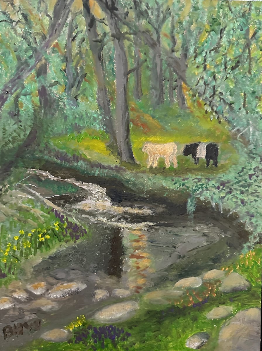 Two Cows at Dry Creek by Brian Hugh Wagner  Image: A serene woodland scene is depicted with two cows grazing by a stream surrounded by trees. The painter used a blend of greens, yellows, and browns to capture the natural environment, accented with sunlight filtering through the foliage. The stream, with its clear, reflective water, serves as a central visual element, leading the viewer’s eye into the heart of the composition. The rocks and pebbles scattered along the stream add a natural texture and grounding element to the piece.