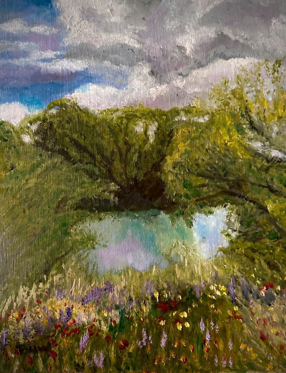 Westerdoll Impressions by Brian Hugh Wagner  Image:  A peaceful landscape depicts a lake surrounded by lush greenery and colorful wildflowers under a cloudy sky. The reflections in the water add a serene touch to the vibrant scene.