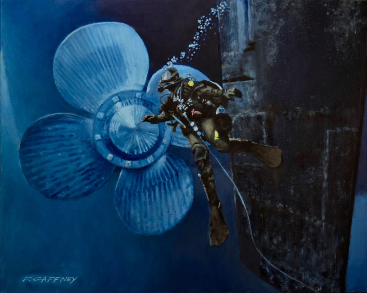 Arctic Dive Inspection  Image: This painting was donated to the United States Coast Guard 2022 Art Program.

 A joint Coast Guard-Navy dive team assigned to the Coast Guard Cutter Polar Star or Healy, conduct underwater inspections of hull and propellers to check for damage incurred while breaking ice. The success to the dive operations during their deployment increased the Coast Guard’s mission capabilities in both the Arctic and the Antarctic.