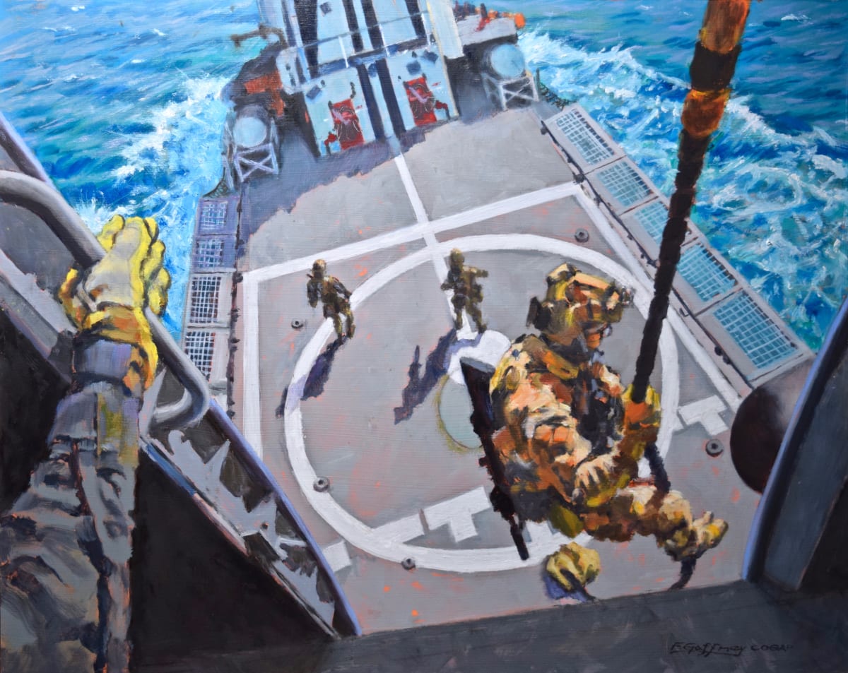 Fast Rope Demonstration  Image: This is Frank's donation for the 2021 Coast Guard Art Collection. 

This painting won Frank the coveted George Gray Award for Artistic Excellence.  The award is the Coast Guard Art Program’s (COGAP) highest honor. 
