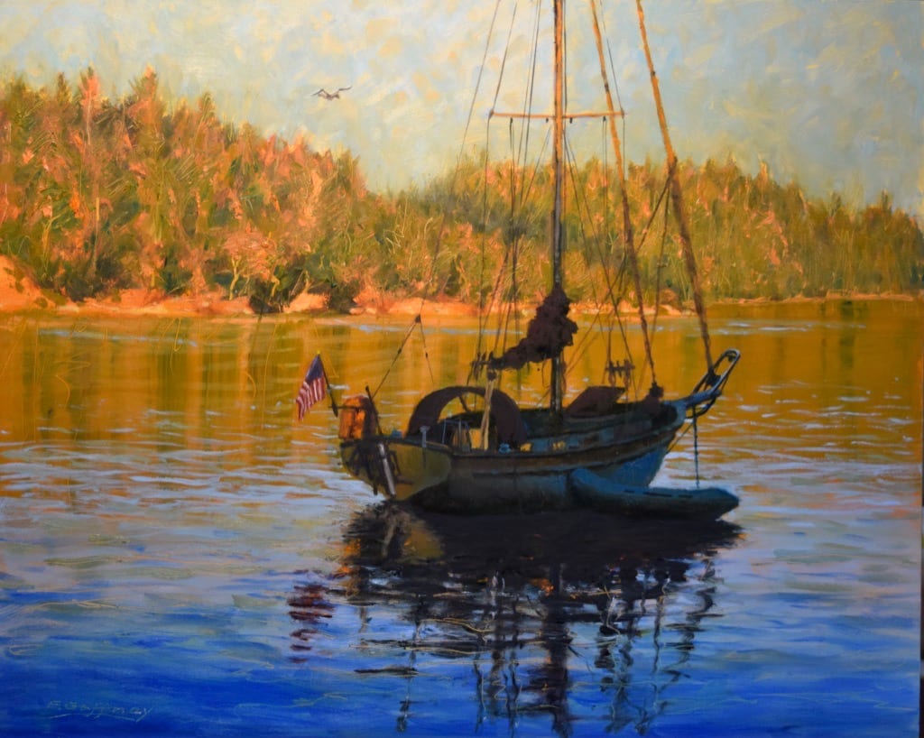 Island Time by Frank E. Gaffney  Image: A shadowy anchored sailboat silhouetted against a sunlit island. 

When you are out on your boat a few days, you start to get more relaxed. You have left work and daily life behind. You've drop the anchor in a calm protected bay and lay back with your favorite beverage. There is a gentle rocking of the boat.  The sounds of an eagle or the playing of seals nearby. Now you are in Island Time.