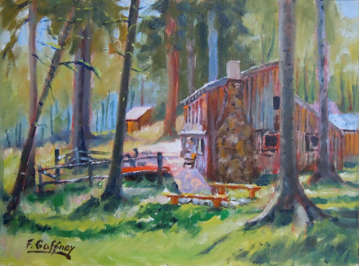 Minam Lodge  Image: In August 2012 I went over to Northeast Oregon with three friends to pack in on horses and two mules for the 8.5 mile ride to Minam Lodge in the Eagle Cap Wilderness. The only way to get there is by hiking, horse back or fly in by small plane. I created three paintings while there.
