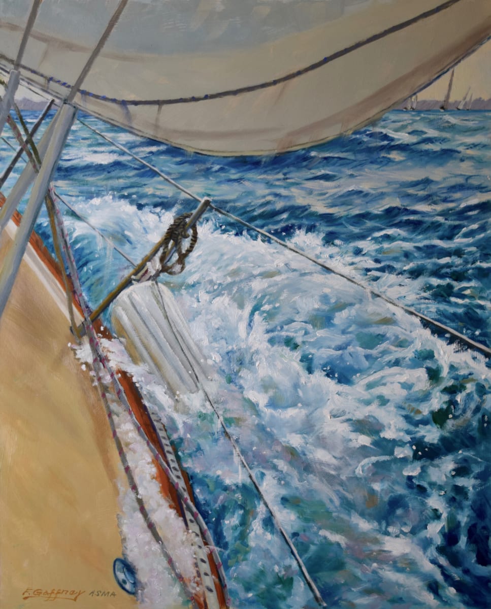 Overboard  Image: This is a view from sailing on my boat in a strong breeze. The waves washed my fender overboard but luckily it was fastened to the boat.