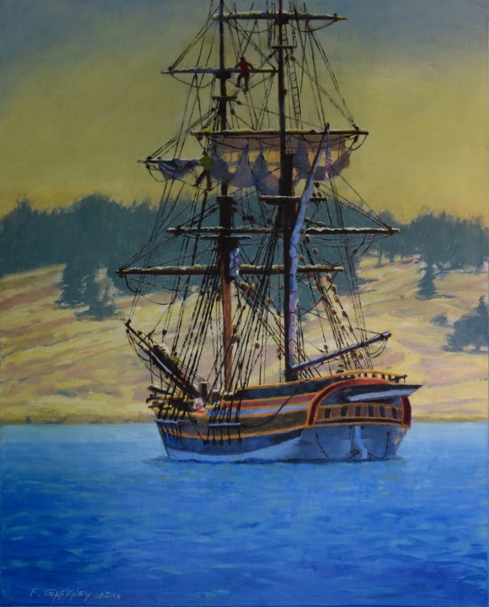 Standing Off Spieden Island by Frank E. Gaffney  Image: This is the Lady Washington dropping sails off Spieden Island in the San Juan Islands, WA.