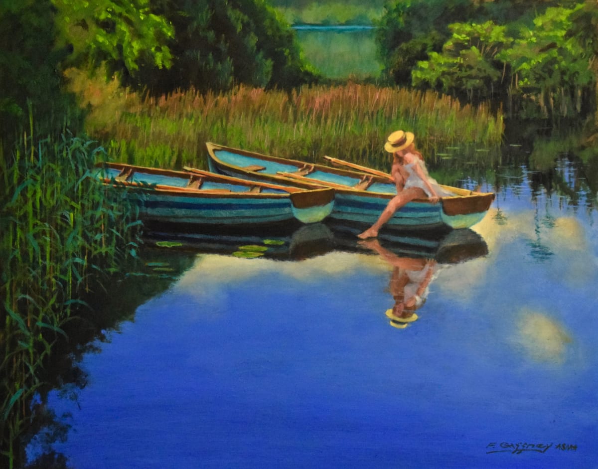 Summer Dreams  Image: Image from my trip to Ireland.at the Kylemore Abbey. The light on the boats is what made me want to paint this image. The water reflected a break in what was a very cloudy day. I made some small changes plus added the young women setting on the edge of one of the boats and is about to dip her foot into the still water of the lake.