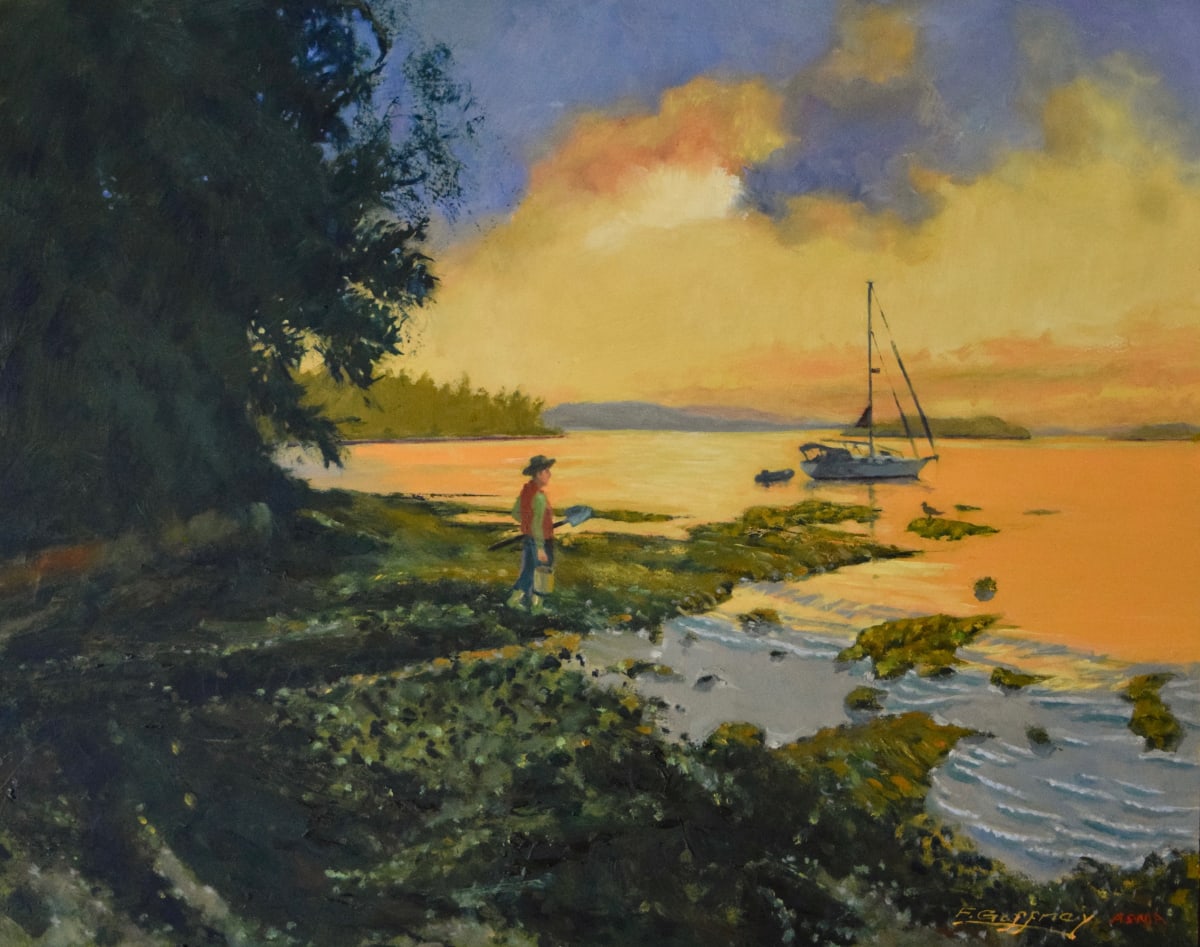 The Beachcomber by Frank E. Gaffney  Image: This bay looking north off the end of Montague Harbor on Galiano Island, Brithish Columbia Canada. There was a minus tide that morning. I added the beachcomber,  moved some things and enhanced some things to get the mood I wanted.