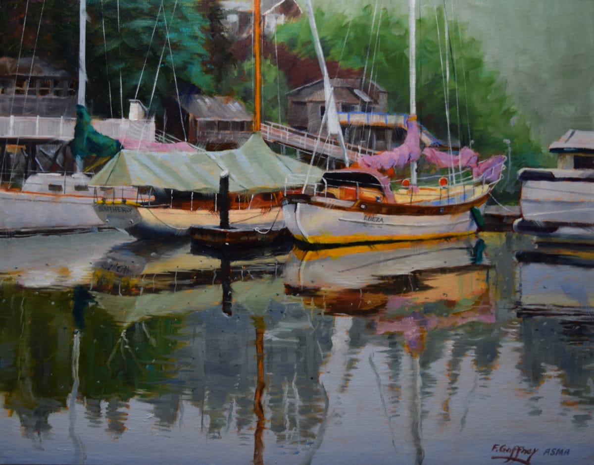 Winter Solitude by Frank E. Gaffney  Image:  This studio painting is Eagle Harbor on Bainbridge Island, Washington.  I often sail over here on my boat to do some plein air painting. This day was a gray day with a misty rain off and on. I liked calmness of the harbor where these two sailboats were moored. I enhanced the warm colors of these boats to draw the viewer’s eye more to them.
