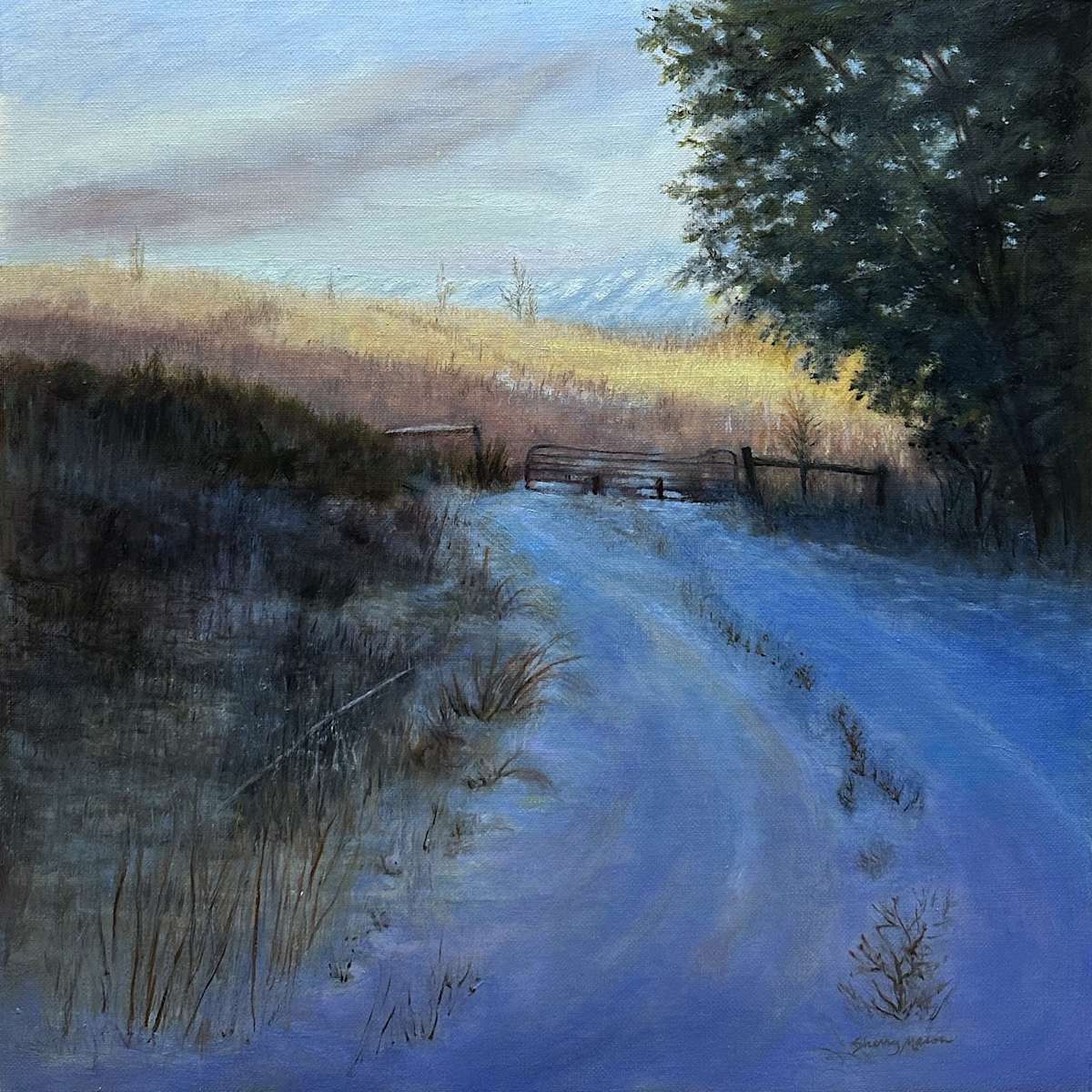 "Snowy Invitation" by Sherry Mason  Image: "Snowy Invitation", 16" x 16", original oil, © 2025 Sherry Mason
