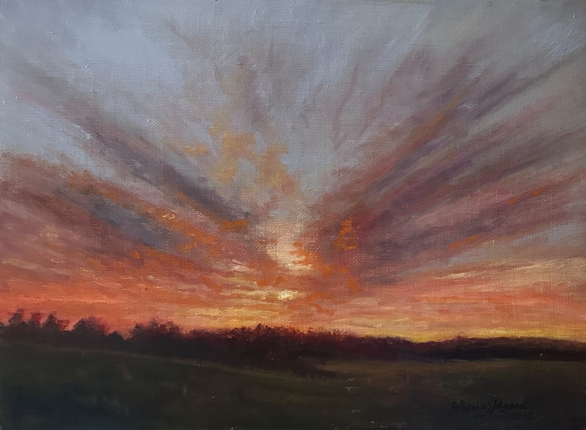 Sunburst Evening Sky, en plein air by Sherry Mason Art  Image: Sunburst Evening Sky, sunset color study, 9" x 12", original oil, © Sherry Mason