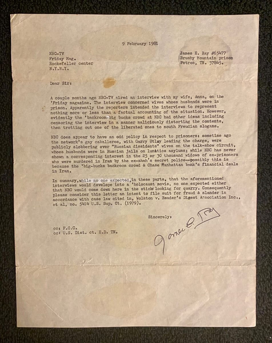 James Earl Ray Typed letter signed to NBC TV 