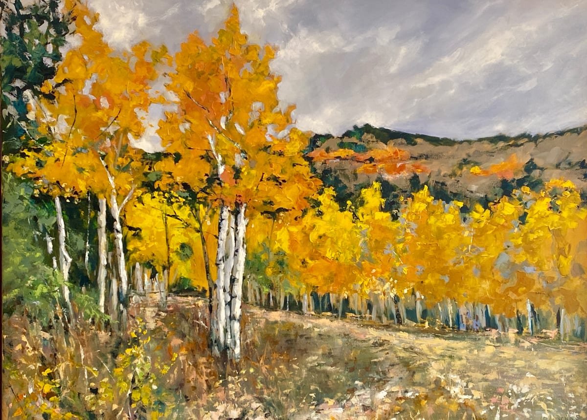 Aspen Gold, Silver Sky by Anne Kullaf  Image: Golden Aspen trees dance under a silver sky on a crisp  October day.
