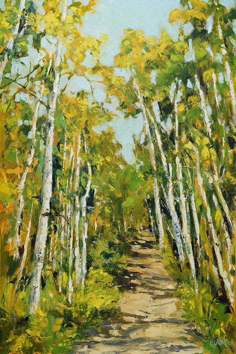 Aspen Alley by Anne Kullaf  Image: Walk through an alley of golden Aspen trees, you can hear their subtle whisper and you explore the colors and textures of this breezy fall scene.