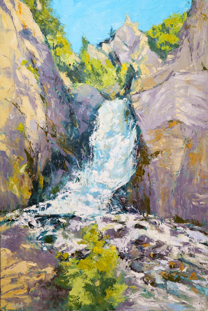 Summer at the Falls by Anne Kullaf  Image: Rushing water in tones of aqua blues spills over the rocks on a sunlit summer day.