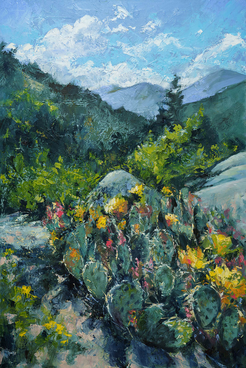 Mountain View by Anne Kullaf  Image: Cactus flowers bloom in this sweeping vista of the Colorado Rocky Mountains. An enchanted atmosphere leads you in to the landscape as you explore the rich colors and textures of this classic western view.