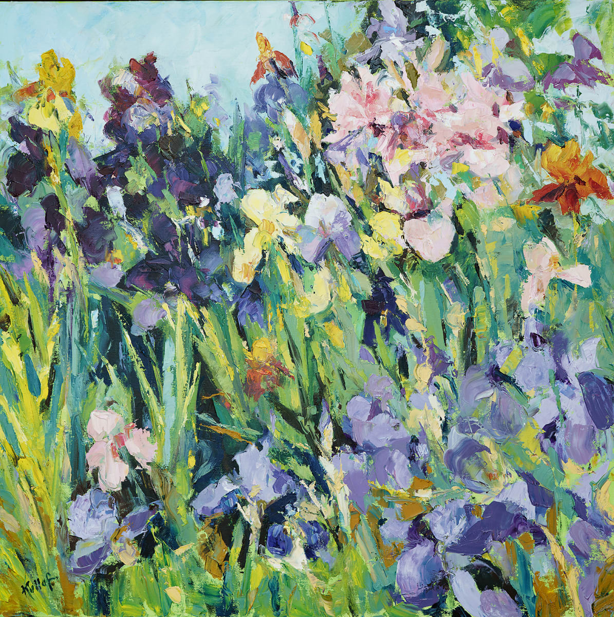Garden of Joy by Anne Kullaf  Image: Irises in many colors dance across the canvas in a sunlit garden.