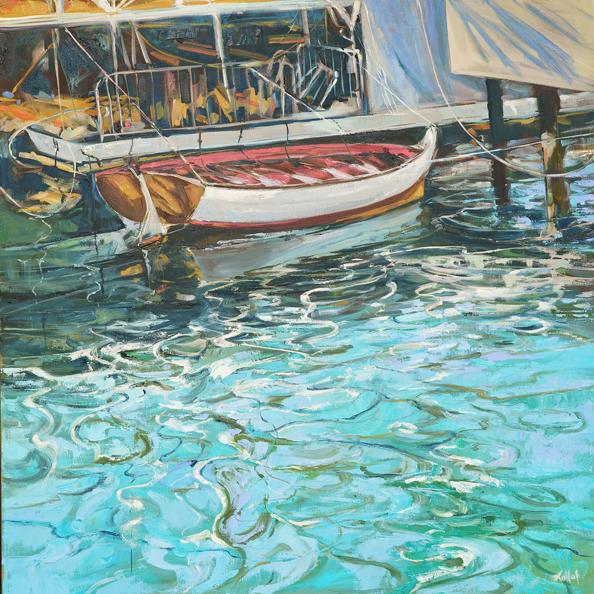 Red Boat by Anne Kullaf  Image: A little red skiff reflected in the aqua blue waters of San Diego Bay on a sunny day.