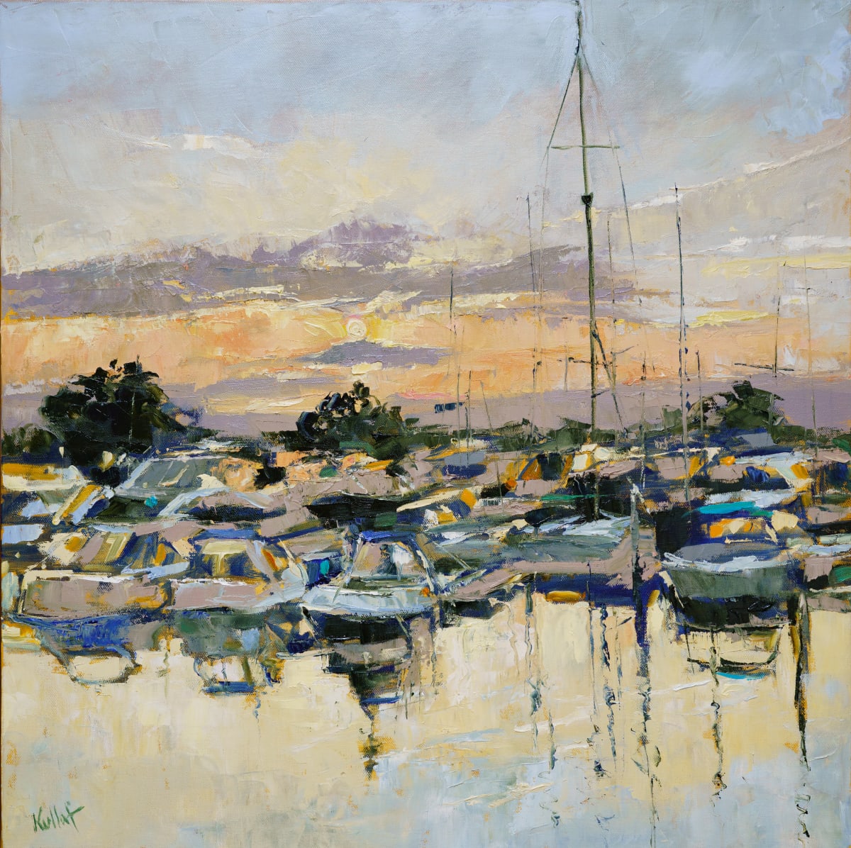 Marina at Sunset by Anne Kullaf  Image: Pastel tones of evening light reflect in the water of the marina at San Diego Bay. A warm blush of pink fades. upwards from the horizon into a purple and blue sky lit up with the last rays of the sun's yellow light.