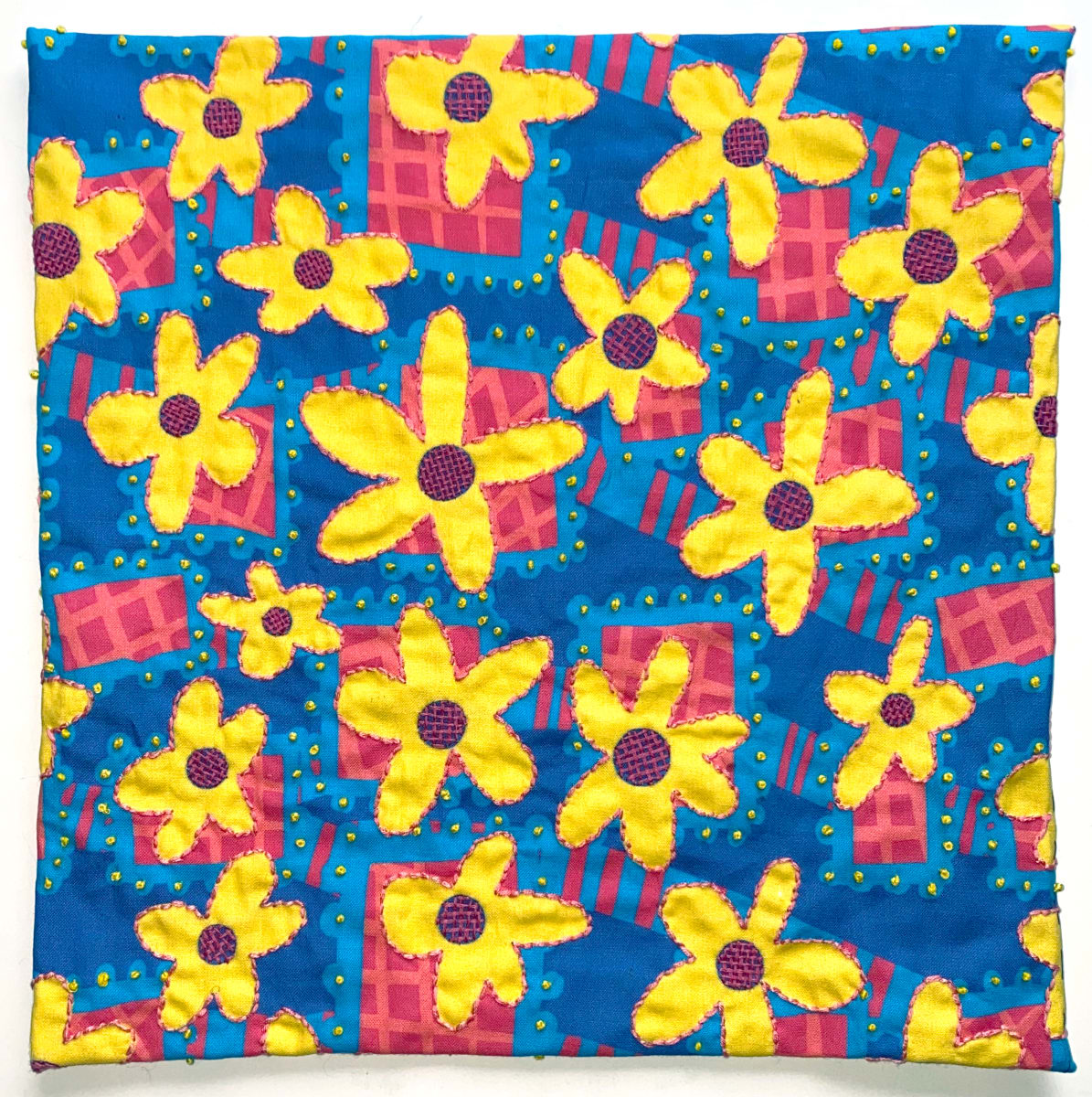 Flower Power - Yellow, Pink, Bue by Anne M Bray  Image: Embroidery on a print that I designed.