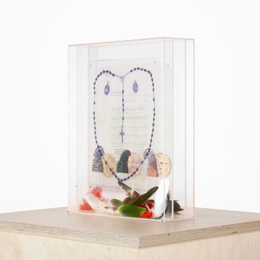 Periqueando by Celia Álvarez Muñoz  Image: Celia Álvarez Muñoz, Periqueando, 1982. Color xerox transparencies, plexiglass box, and bird feathers. Courtesy of the artist. Photography: Daniel Lang